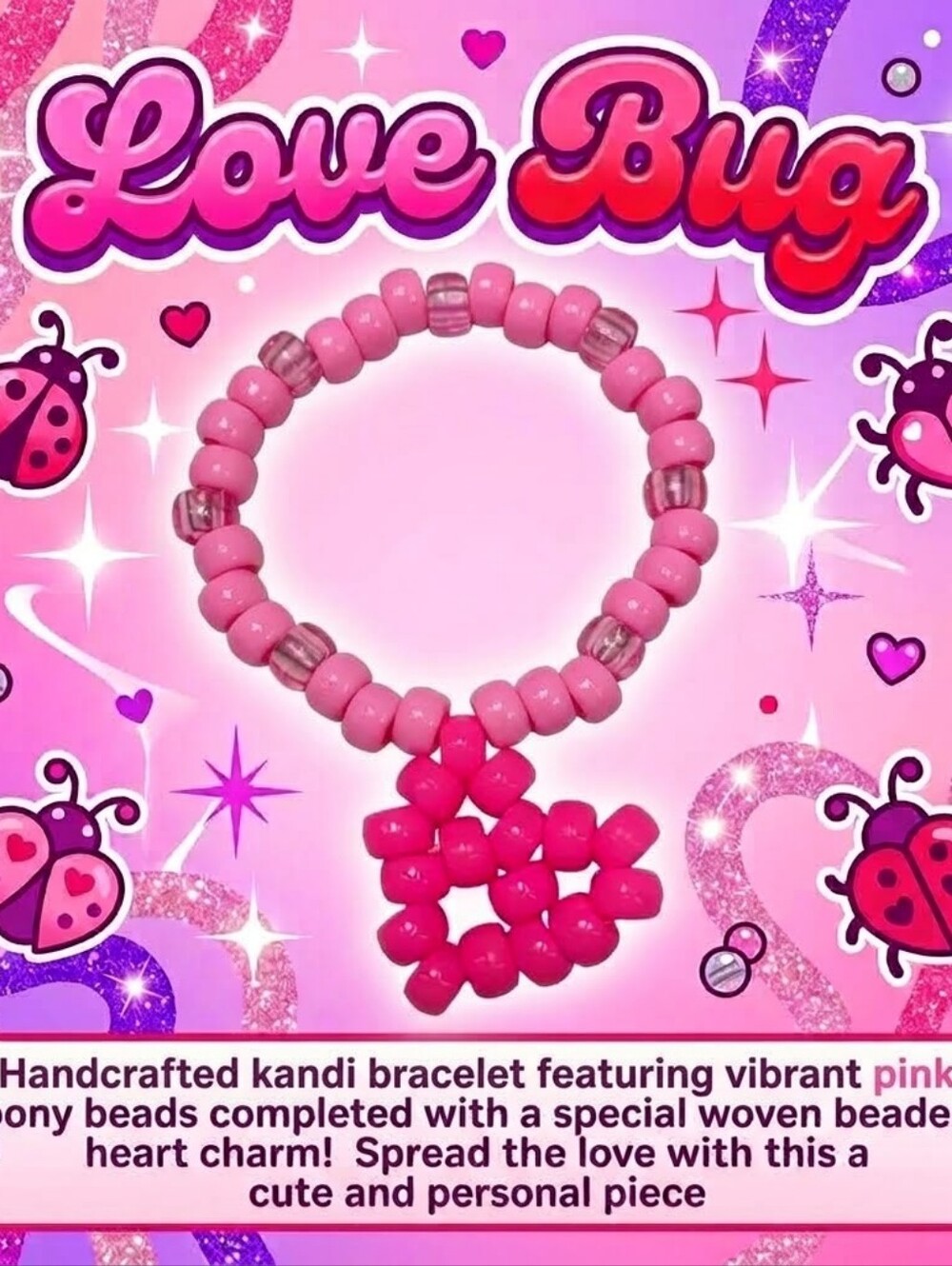 Love Bug Pony Bead Bracelet - Kandi Single - Charm Bracelet - EDM Rave Festival